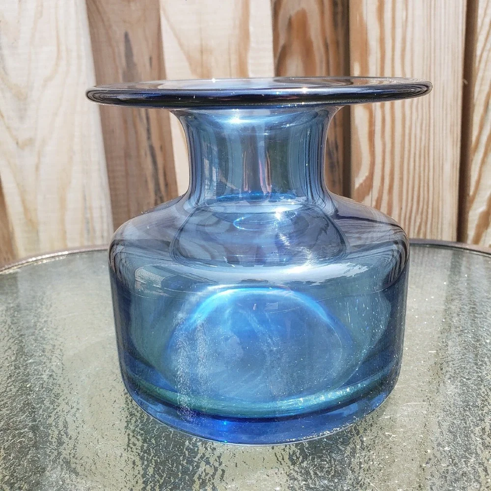 Denizli 18425 Cobalt Blue Hand Blown Glass Wide Rim Vase Turkey Art‎ Glass